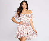 Playful Petals Floral Chiffon Off Shoulder Mini Dresses